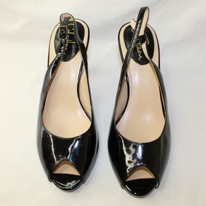 Black patent leather peep toe heels